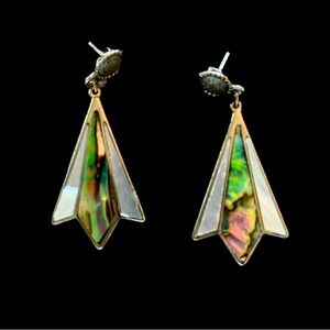 Vintage Alpaca Metal and Abalone Long Fan Shaped Earrings